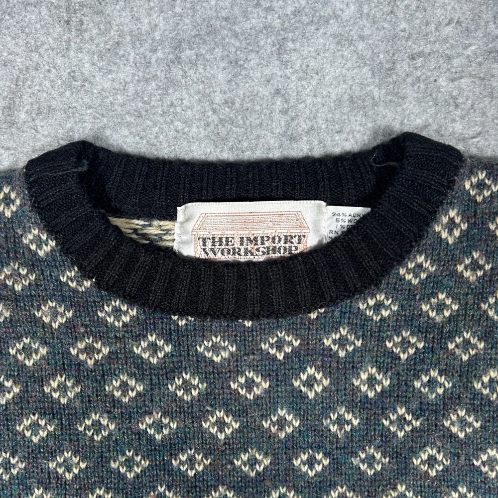 Vintage The Import Workshop Sweater Mens Small Black Floral Fair Isle Knit 90s - Picture 9 of 12